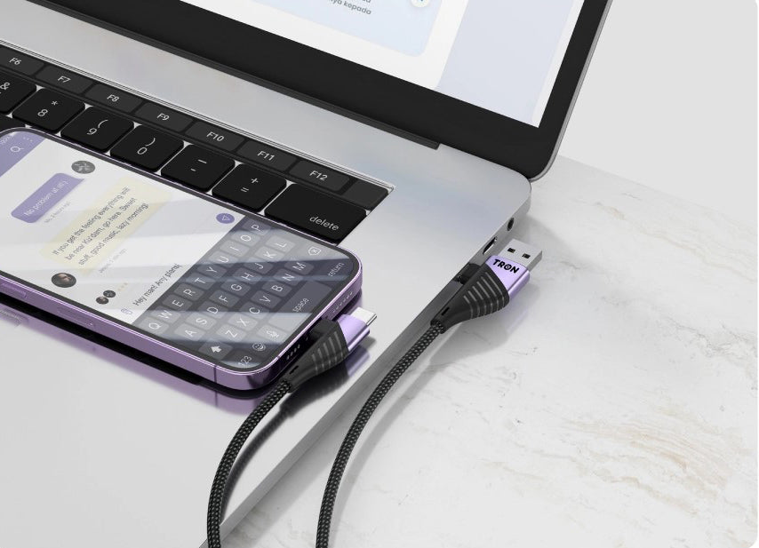 4-in-1 USB A to C and Lightning Braided Charger Cable - 6FT, Black and Purple