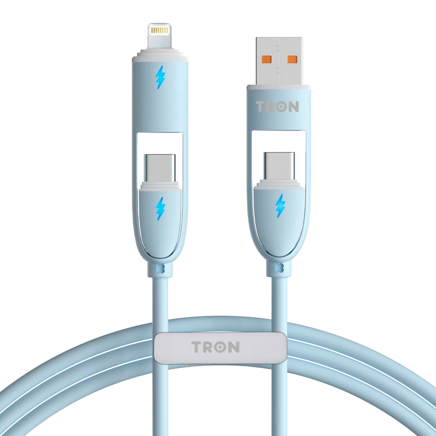 4-in-1 USB A to C Charger Cable - Blue, 5FT, with LED Light