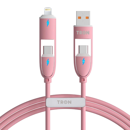 4-in-1 USB A to C Charger Cable - Pink, 5FT, with LED Light