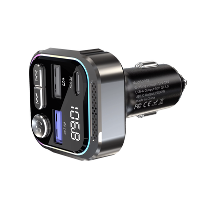 30W Car Bluetooth FM Transmitter & Power Adapter, 3-Port USB-A + USB-A + USB-C with LED Light