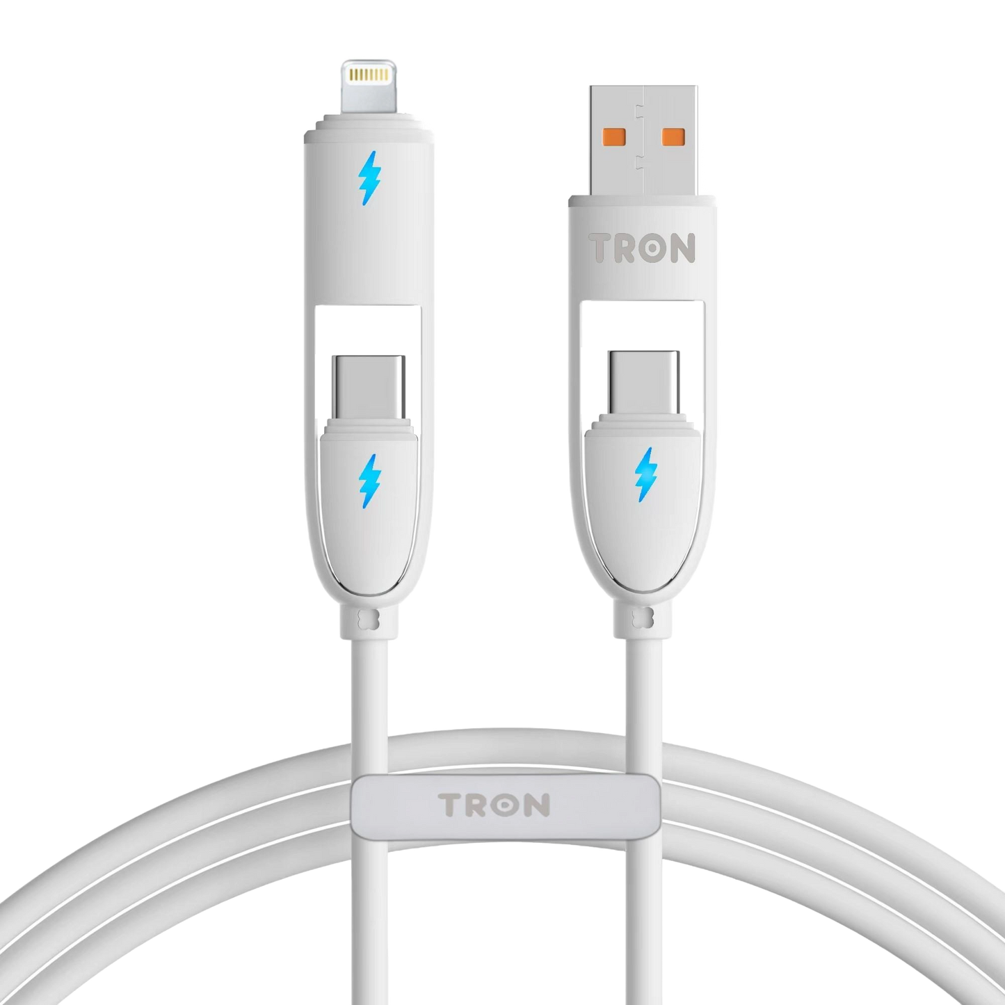 4-in-1 USB A to C Charger Cable - White, 5FT, with LED Light