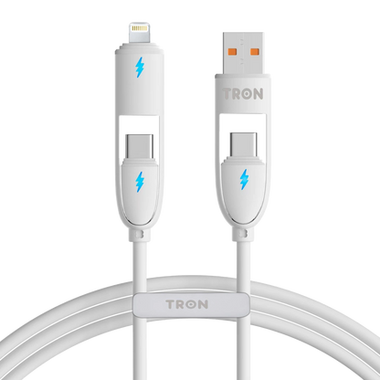 4-in-1 USB A to C Charger Cable - White, 5FT, with LED Light