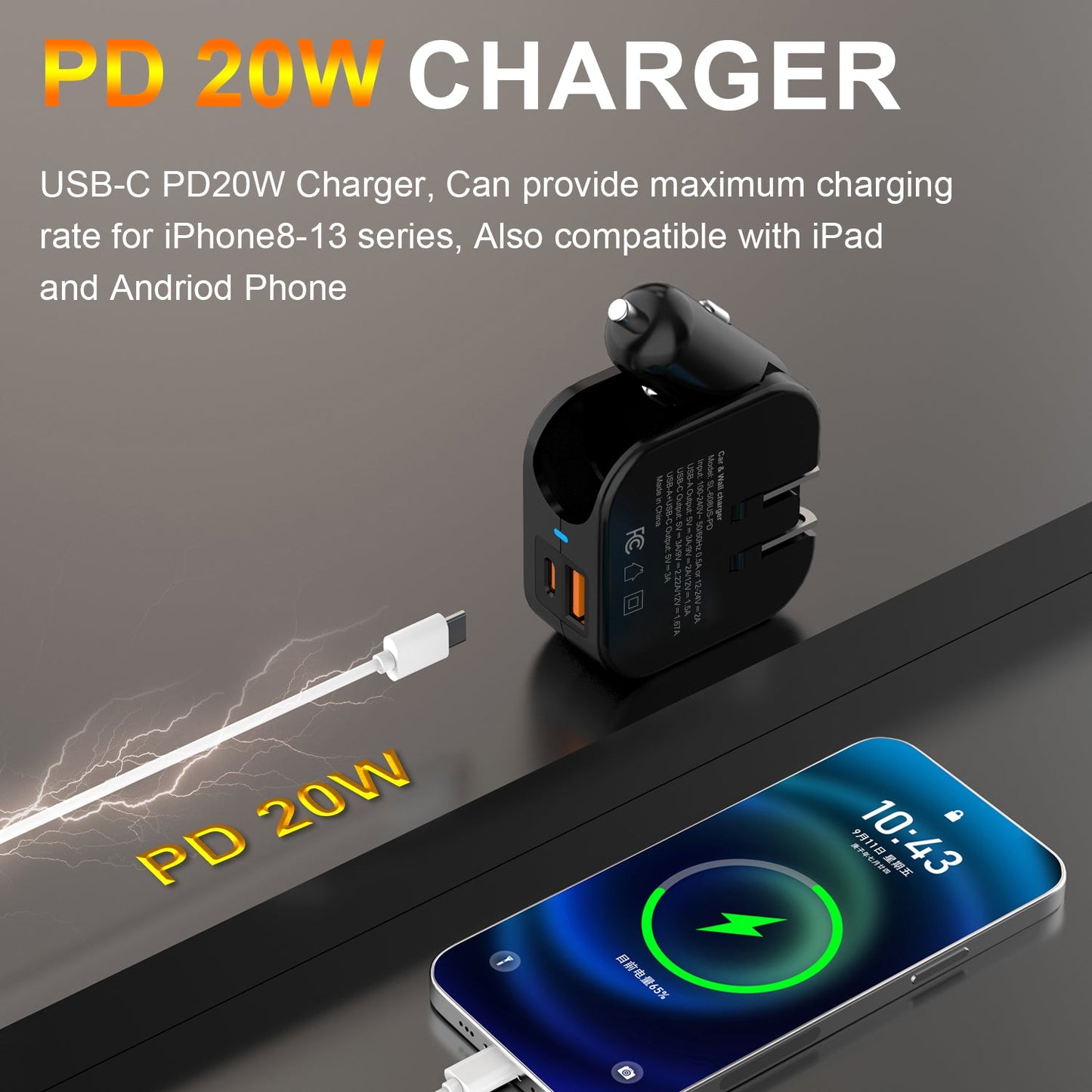 Car & Wall Charger USA, 2-Port USB-C with LED Light