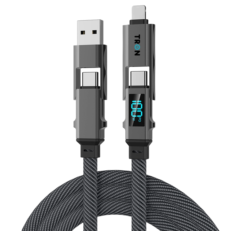 4-in-1 USB A to C Braided Charger Cable - Gray, 5FT, with LED Screen