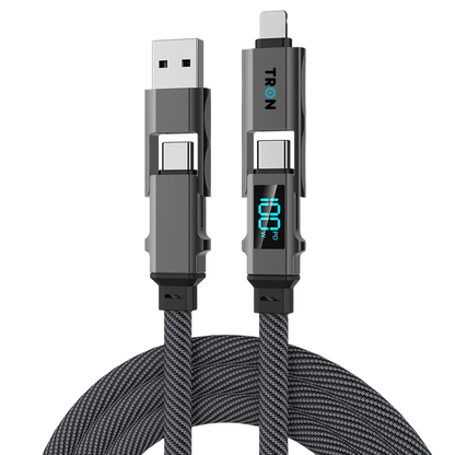 4-in-1 USB A to C Braided Charger Cable - Gray, 5FT, with LED Screen